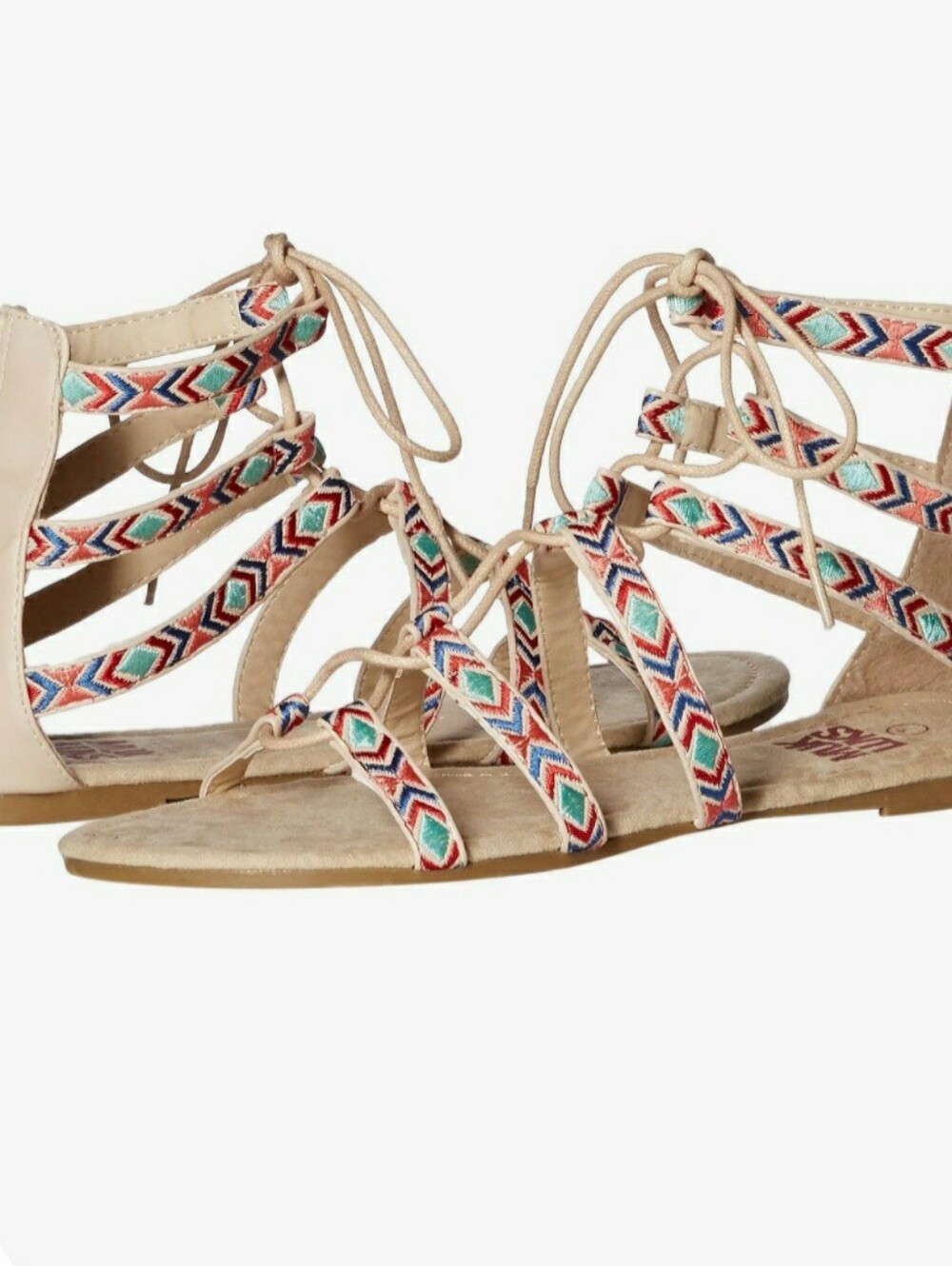 MUK LUKS Jessica Beige Gladiator Sandals with Multicolor Embroidered Straps 10